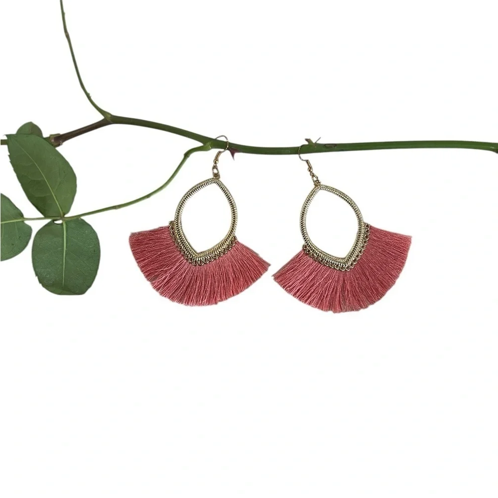 Tassel Fan Earrings Salmon Pink and Gold